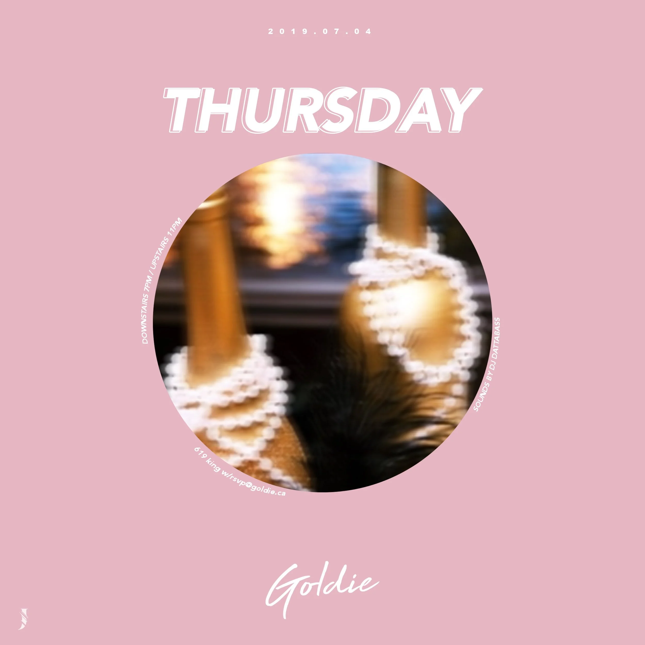 A pink-themed graphic with the word Thursday and blurred images of lit candles or menorahs in the center. The date is July 4, 2019, and there is additional text around the circle mentioning times and locations for events and sounds by DJ Database, wi
