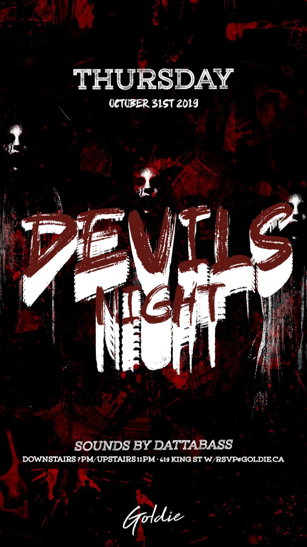 A horror-themed event poster with red, black, and white colors, featuring skulls and dark graphics. It announces a Devil's Night party on October 31, 2019, with music by Dattabass at a venue on King Street, with details for RSVP. The text includes th