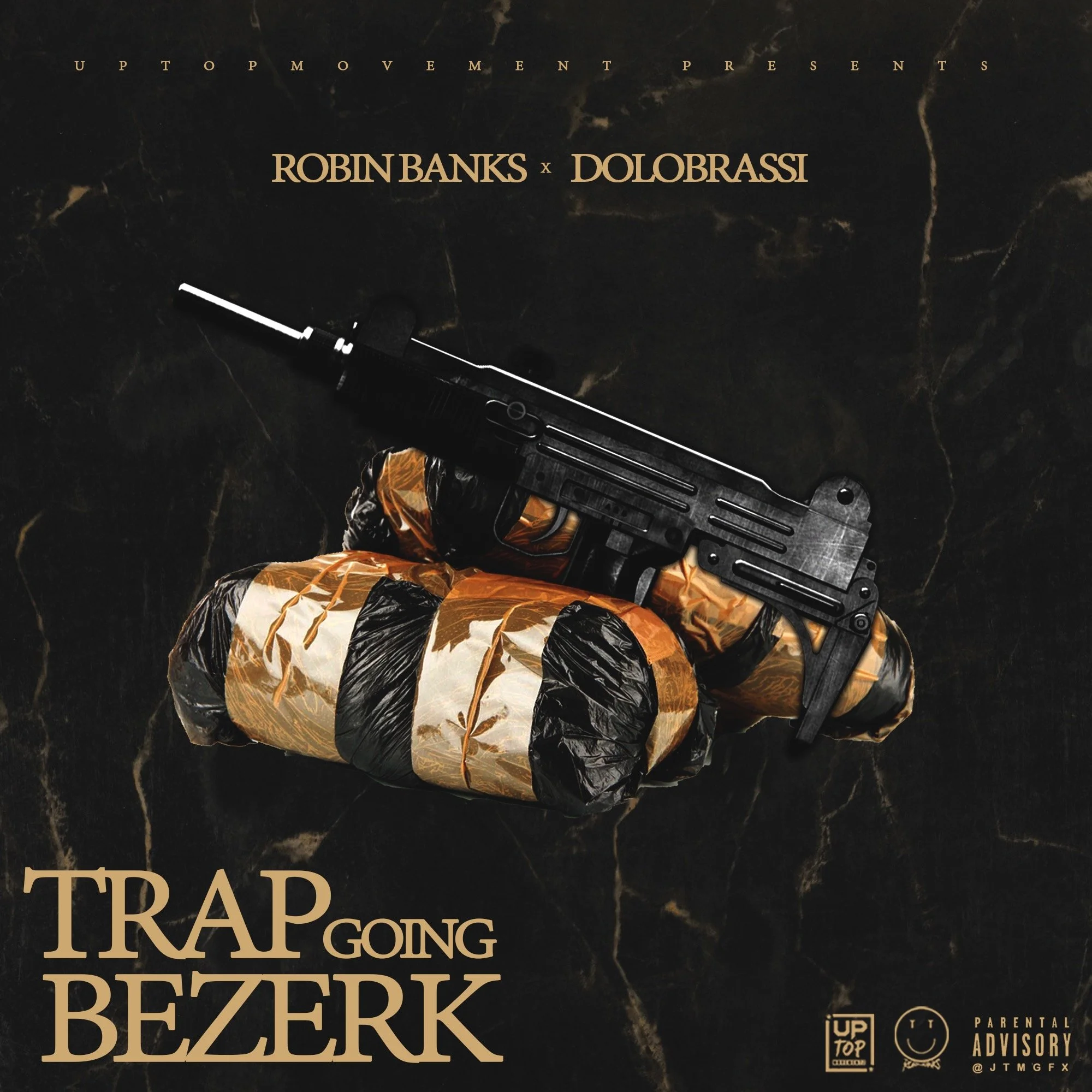 Album cover with a hand holding a gun and a wrapped object, black background with gold text, promoting Robin Banks and Dolobrassi collaboration.