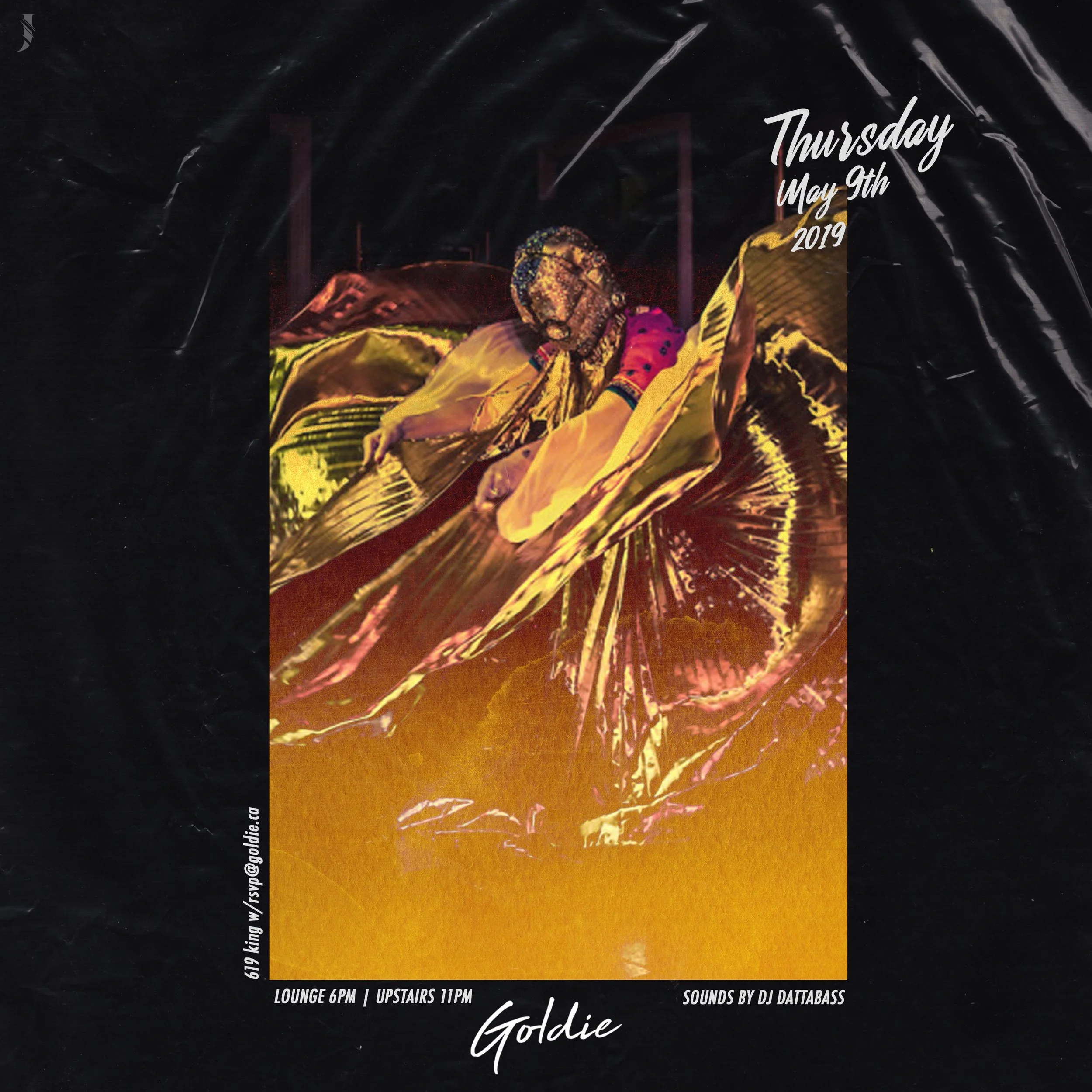 Event poster with a person covered in metallic gold foil, sitting in a golden chair. The poster includes details of an event on Thursday, May 9th, 2019, with lounge time at 6 PM and upstairs at 11 PM. The event features sounds by DJ Dattabass, and th
