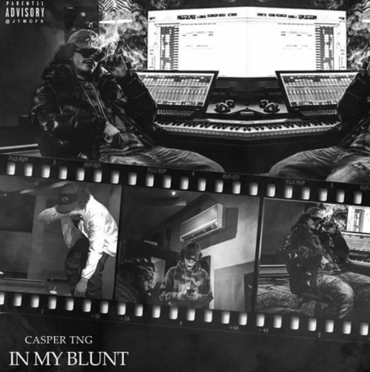 A black-and-white collage featuring three photos of young men in a music studio and casual settings. The top photo shows a young man sitting in front of a mixing console, smoking, with computer screens and a keyboard visible. The bottom left shows an