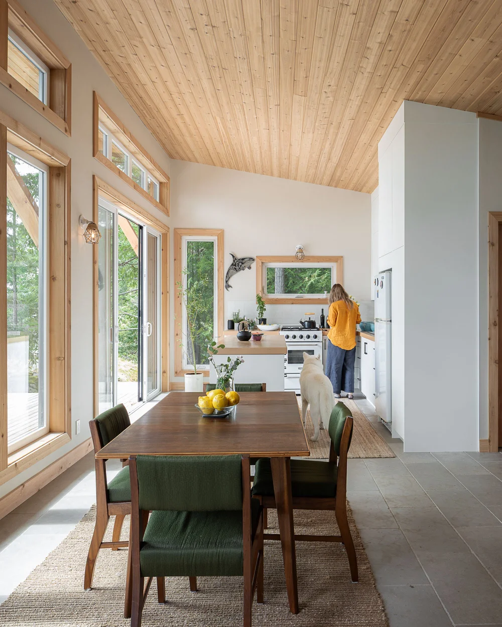 Dining table set for a meal, the kitchen beyond, a person and a dog at the counter