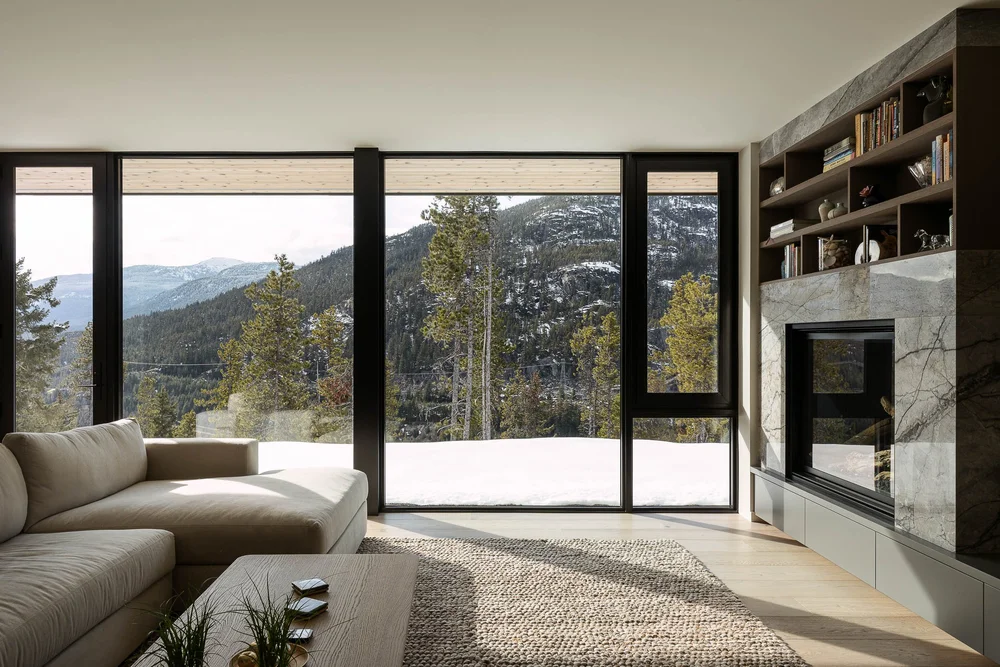 Living room corner, stone fireplace and built in shelving beside full height glazing