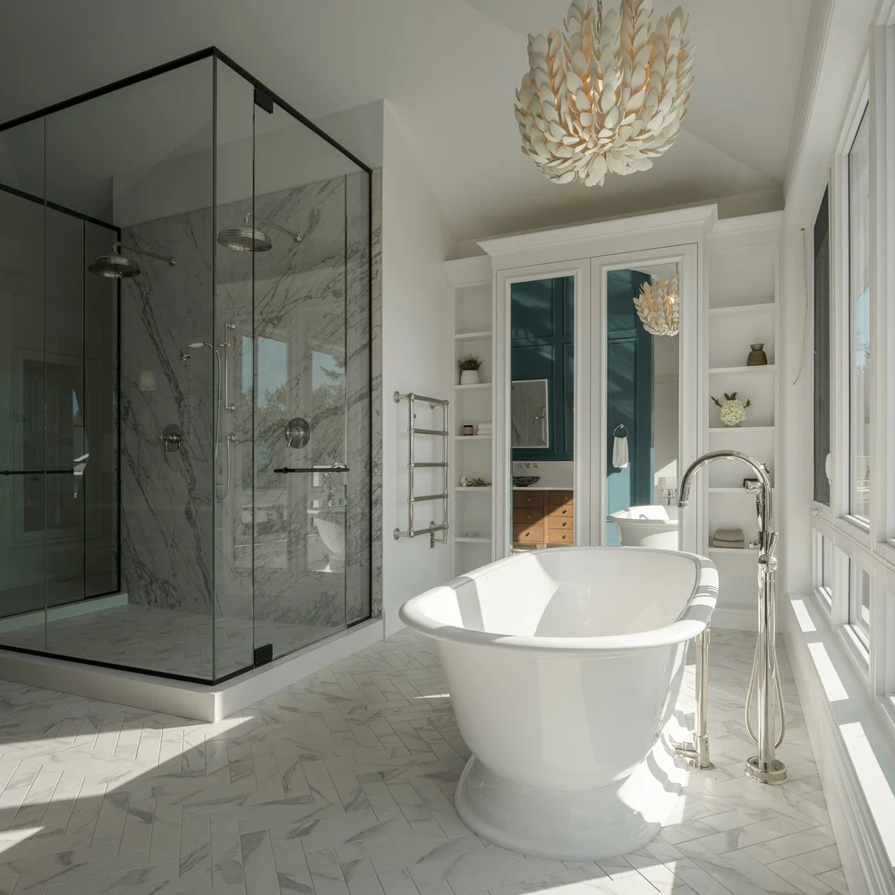 Glass shower in veined slab beside the tub, mirrored doors reflecting a dark green room