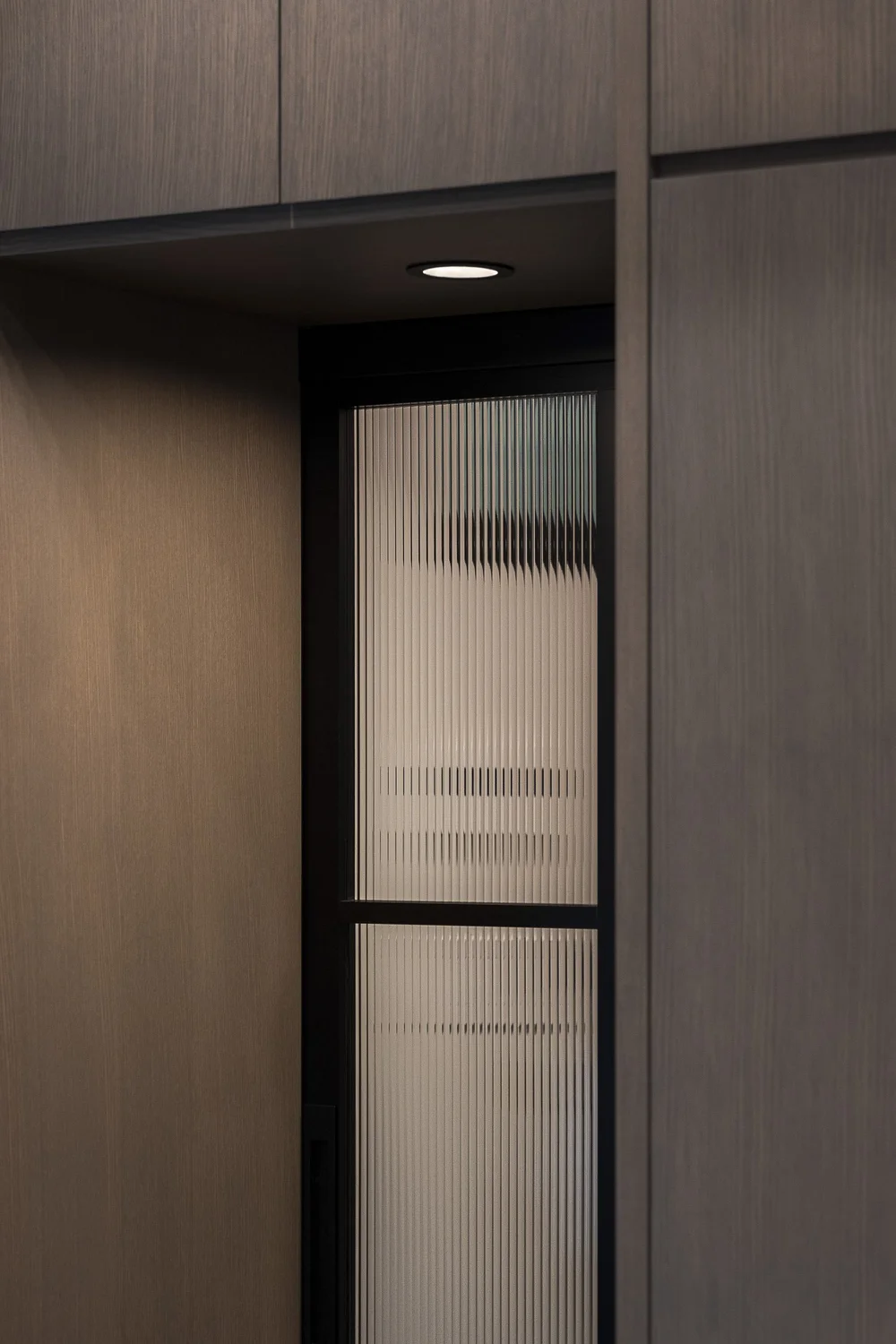 Ribbed glass door set flush in a dark panelled wall under a downlight