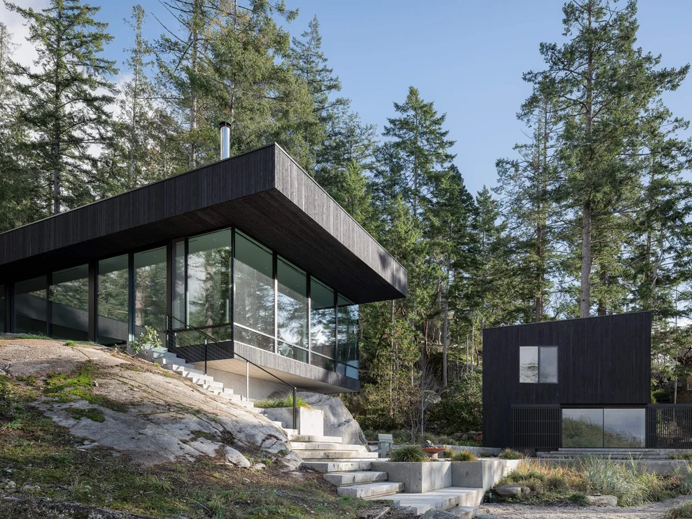 Glazed lower level under a deep dark roof, concrete steps descending beside a second volume