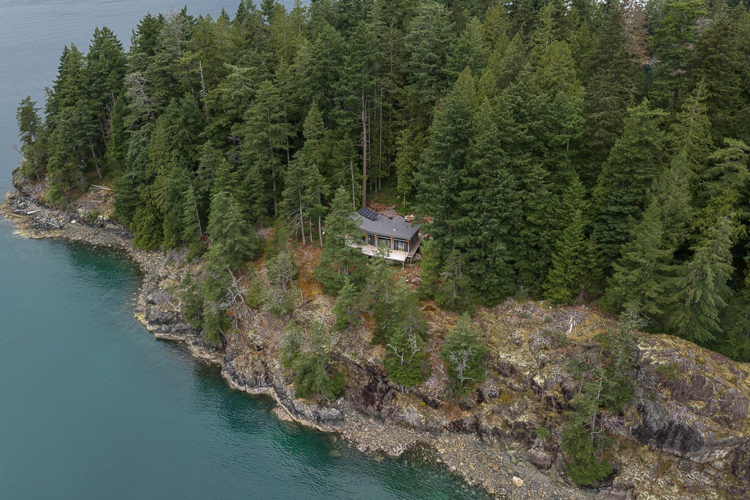 Aerial along a rocky shoreline, the house set back in dense evergreens above green water