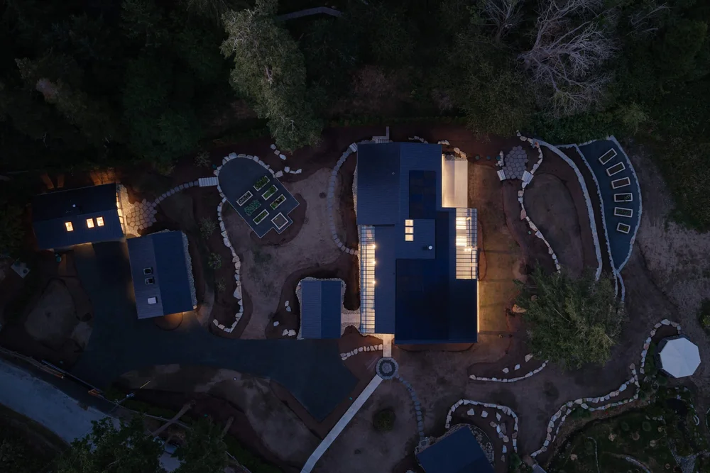 Directly overhead at twilight, dark roofs among the trees with terraced paths and beds around them
