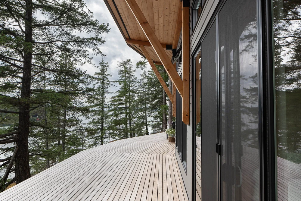 The deck curving along the glazing under a wood soffit, tall trees over the water