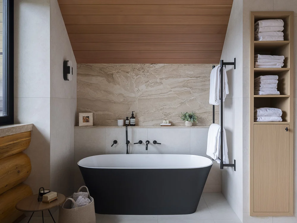 The tub from across the room, wall mounted taps and a window at left