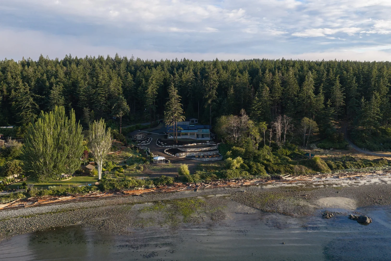 From the air, the house among trees above a wide beach at low tide