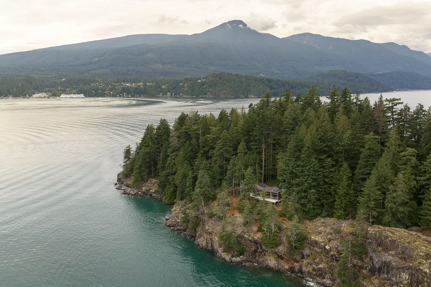 The wooded point from the air, the house small on the shore below a distant mountain