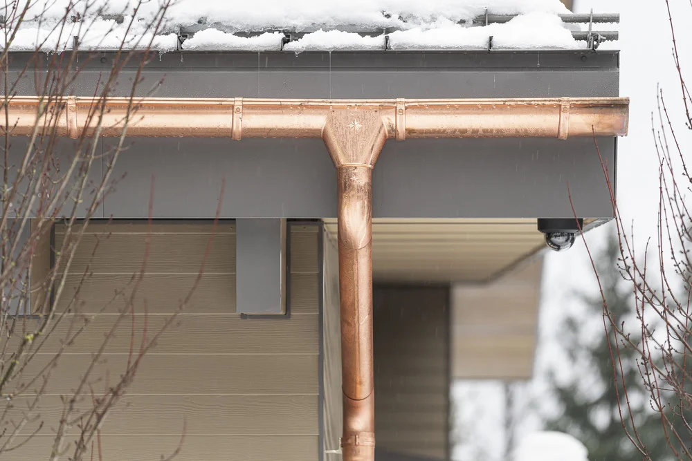 Copper gutter and downspout branching at a roof edge, snow above and bare branches