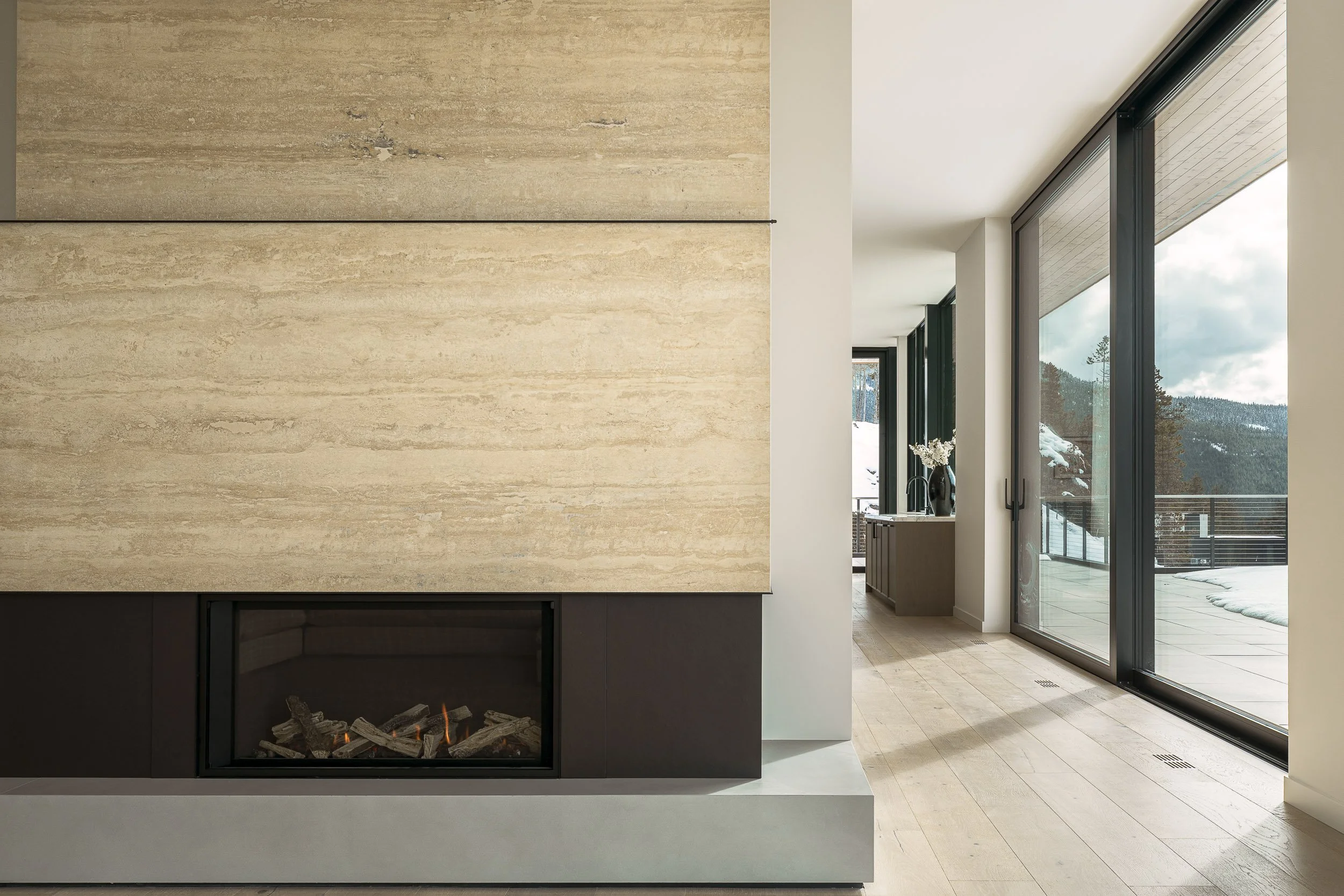 Warbler Residence material detail showing wood and metal intersection