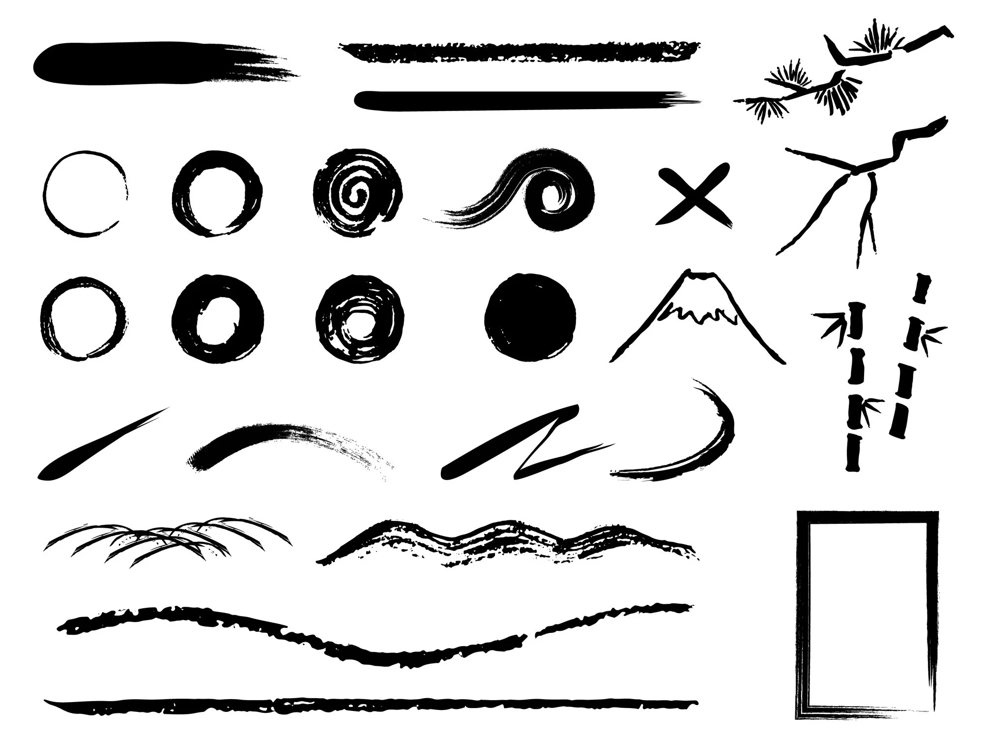 Collection of various black ink brush strokes, circles, spiral designs, a mountain sketch, and some other abstract marks.