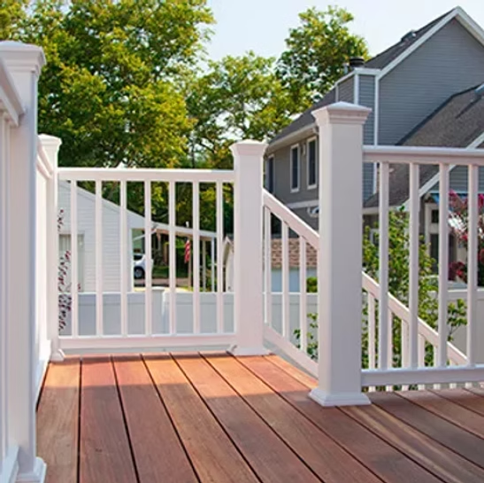 Transform vinyl railing with wood-grain texture styled for classic porch in North Plainfield, NJ