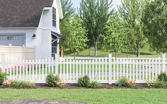 Select Series V205 vinyl picket fence surrounding suburban front lawn in Essex County, NJ