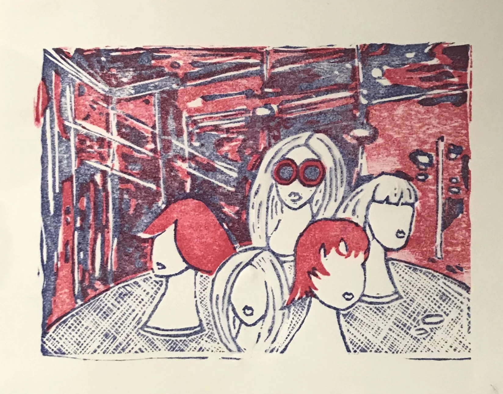 Wig Shop. Mokuhanga Print. 6.5 x 8.5 inches. Multiple color variations available. 