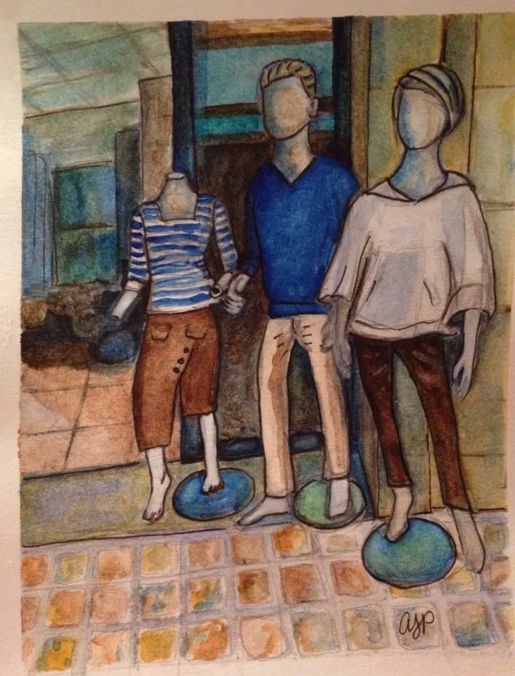 Trois mannequins sur le boulevard Saint-Michel. Watercolor on paper. 4 x 6 inches. Original avialable. 