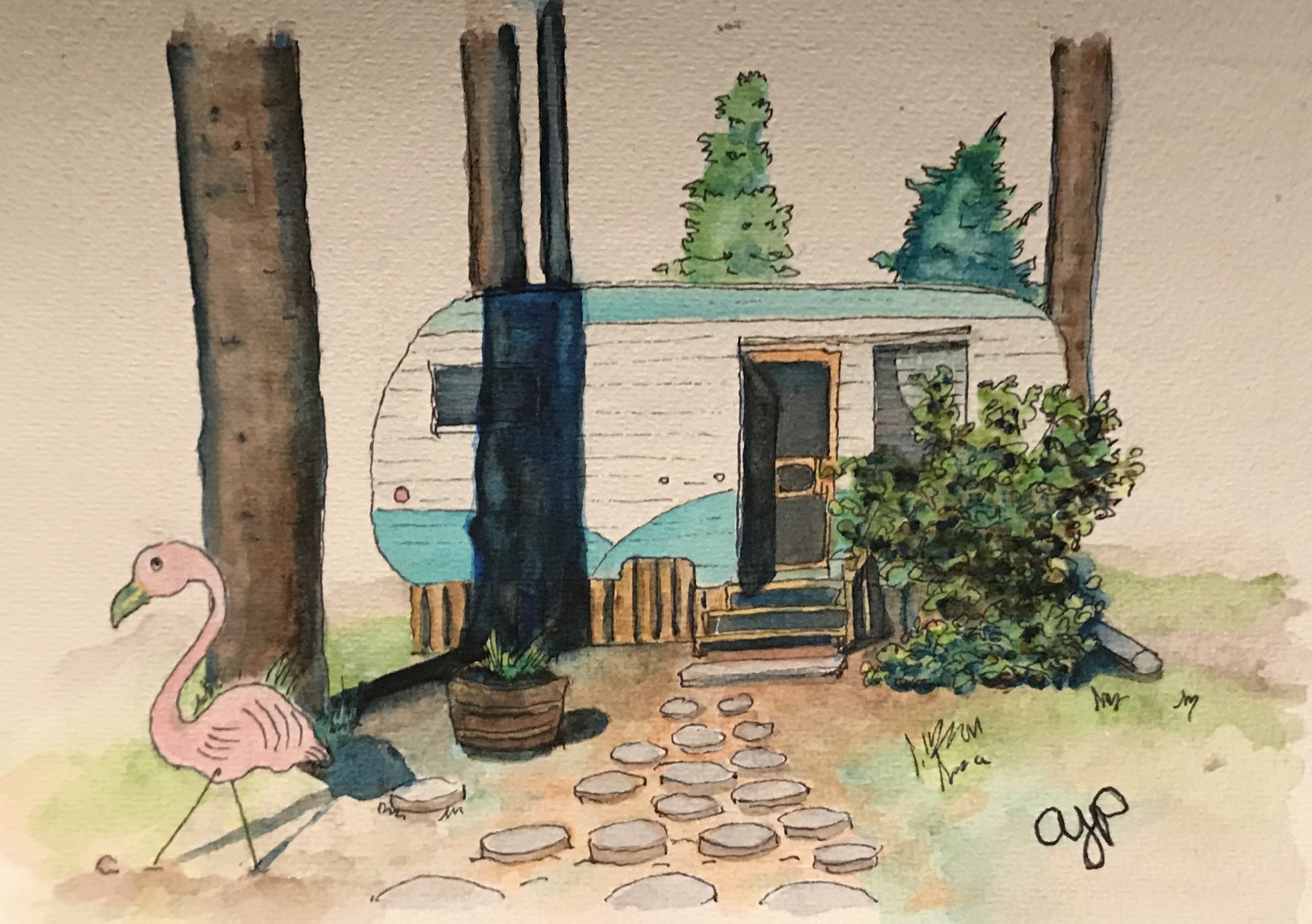 Happy Camper. Watercolor on paper. 5 x 7 inches. Original available. Reproduction available. 