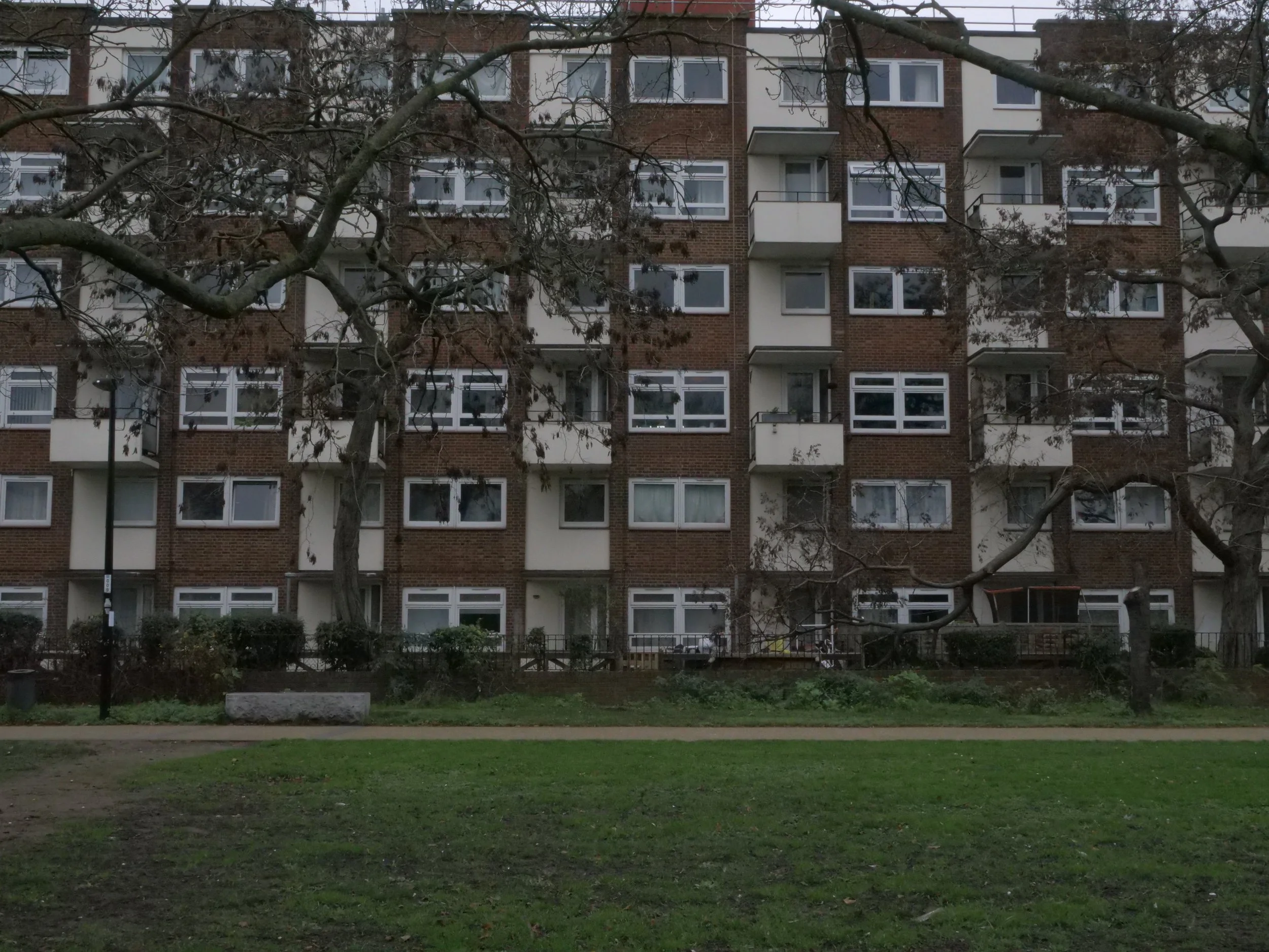 A multi-story brick apartment building with white windows and small balconies, partially obscured by leafless tree branches in the foreground, with a grassy area and sidewalk in front.