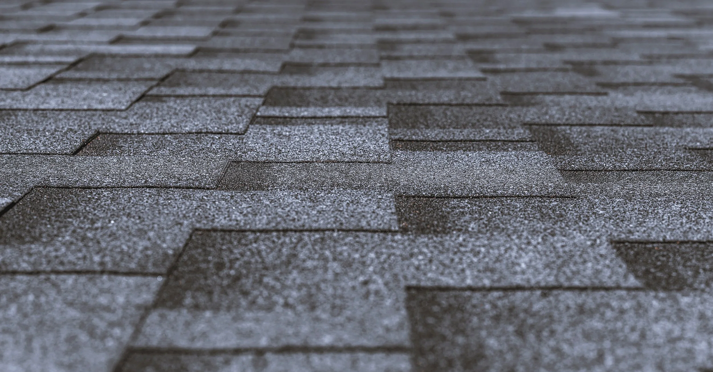Close-up view of dark gray asphalt shingle roof with a coating of frost or light snow.