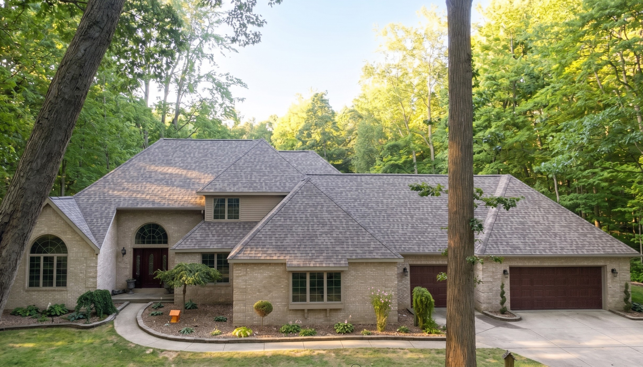 Example of MVP Roof Pros work on a residential house with a brick exterior, large arched windows, a gabled roof, and attached garage, surrounded by trees and a landscaped front yard.