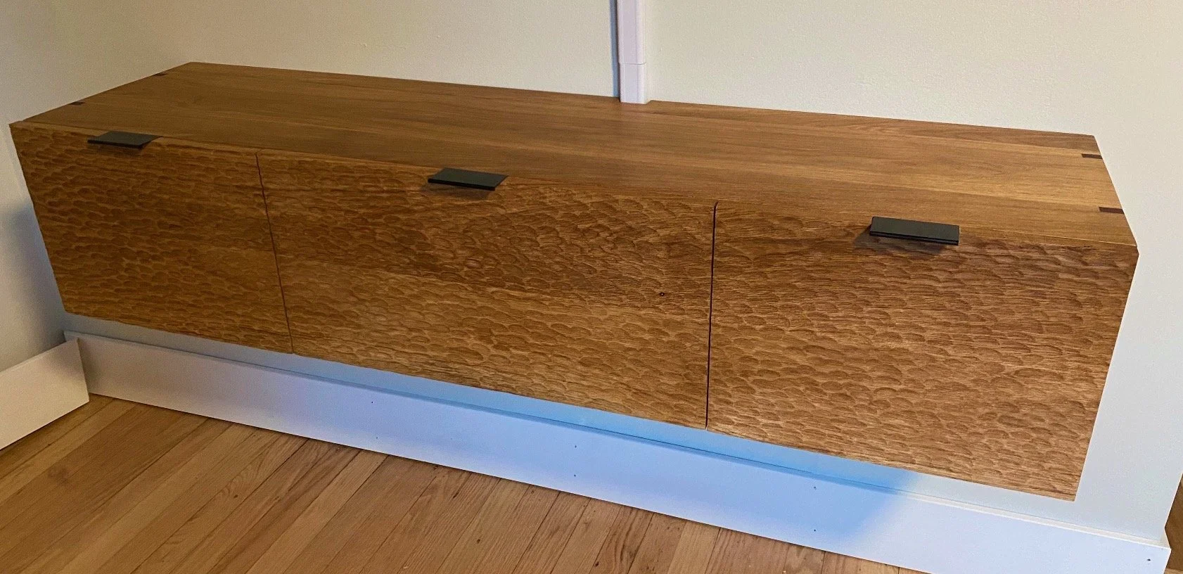 Handcrafted hardwood floating entertainment center, Dominic's Woodworking