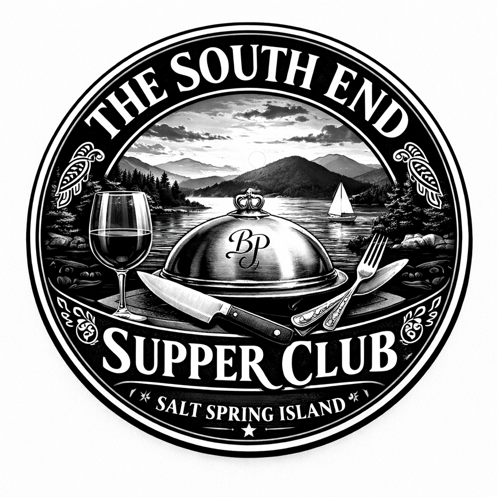A circular emblem for The South End Supper Club on Salt Spring Island, featuring a landscape with mountains, lake, sailboat, and cloudy sky, along with dining elements like a wine glass, fork, knife, and cloche.