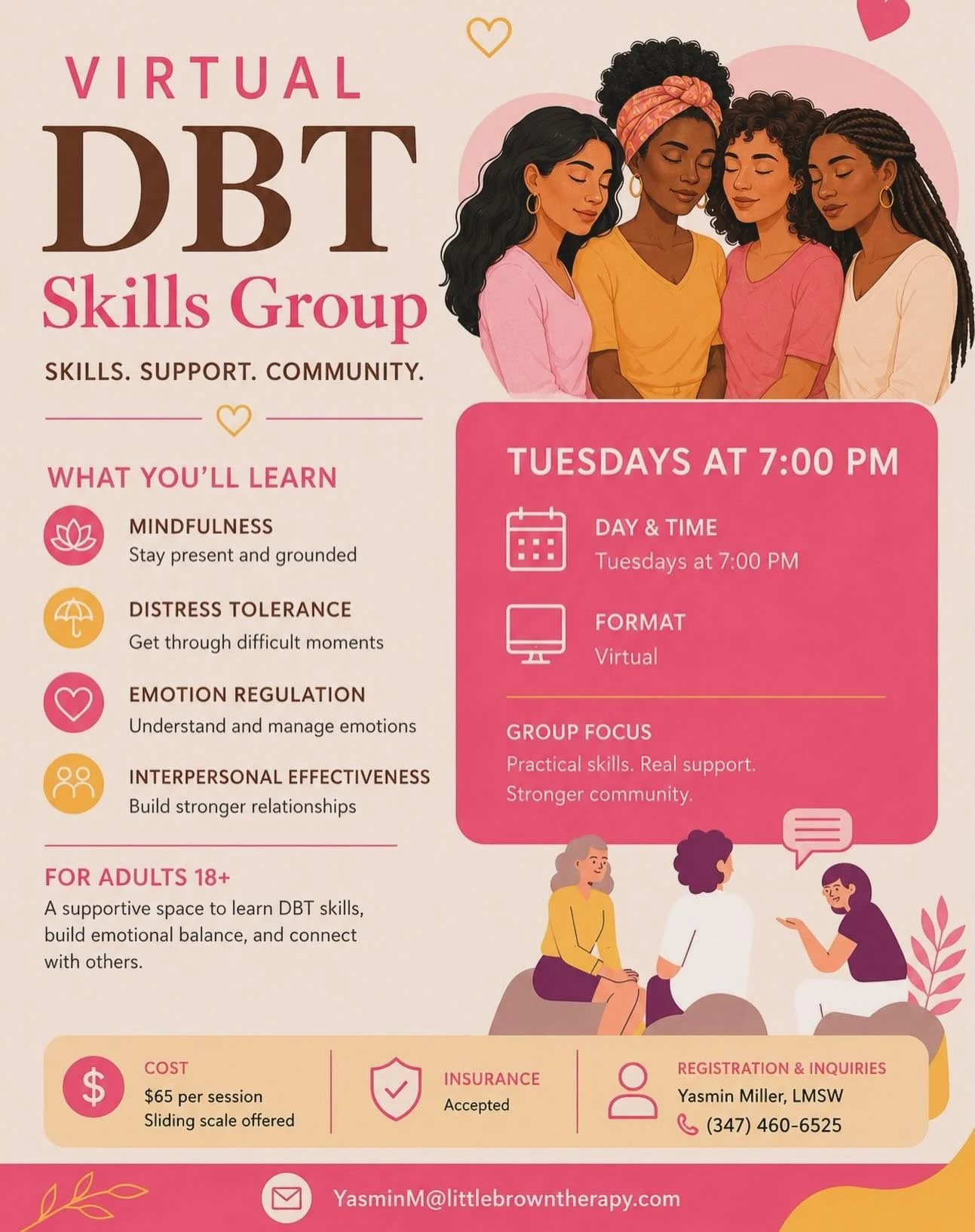 Do you struggle to regulate your emotions or manage interpersonal relationships? Come join our new DBT skill group run by Yasmin Miller, LMSW💛

Little Brown Therapy&rsquo;s DBT Skills Group offers a structured, interactive environment to learn, prac
