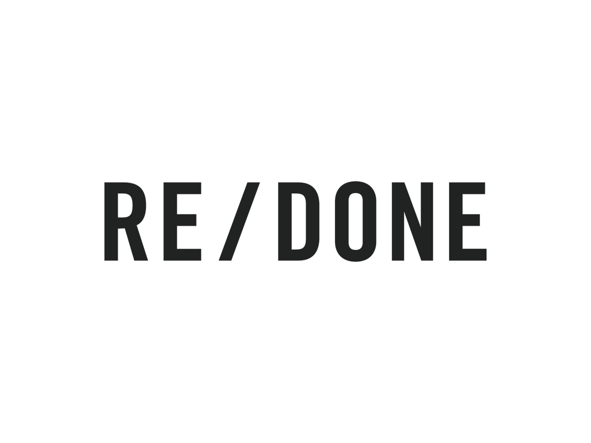 Black background with the words 'RE/DONE' in large, bold, gray letters in the center.