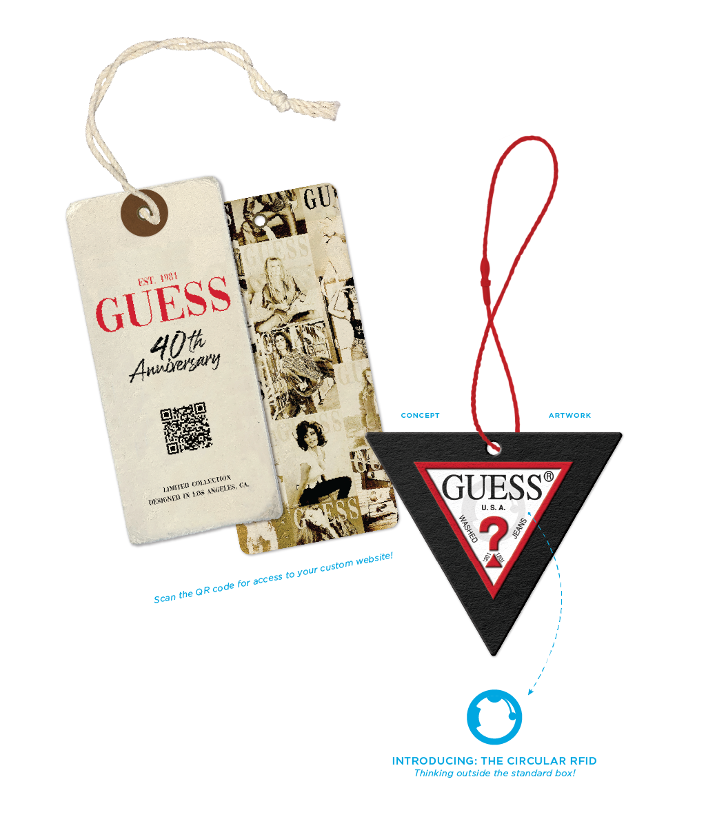 GUESS brand tags and logo celebrating the 40th anniversary with vintage-style tags and a triangular logo piece.