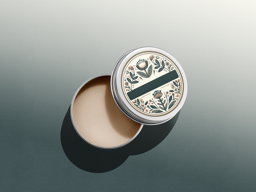 Tin packaging of hand salve or cream with a floral designed label