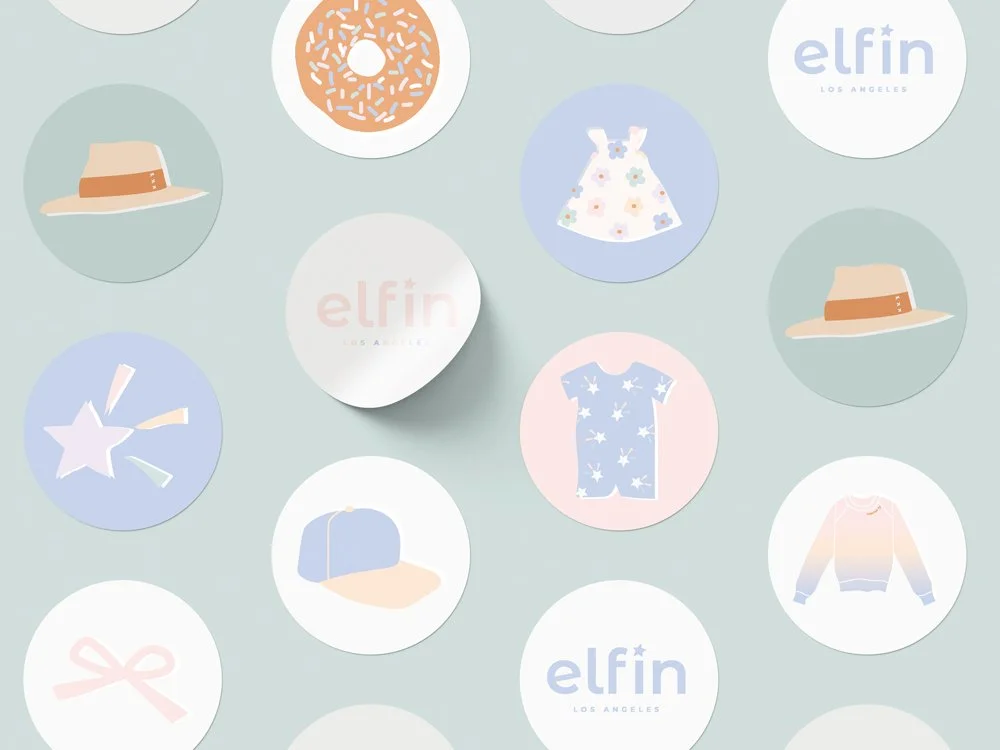 Pattern of pastel-colored circles with illustrations of a hat, a donut, a dress, a star, a baseball cap, a sweater, a gift, and the logo 'elfin LOS ANGELES'.