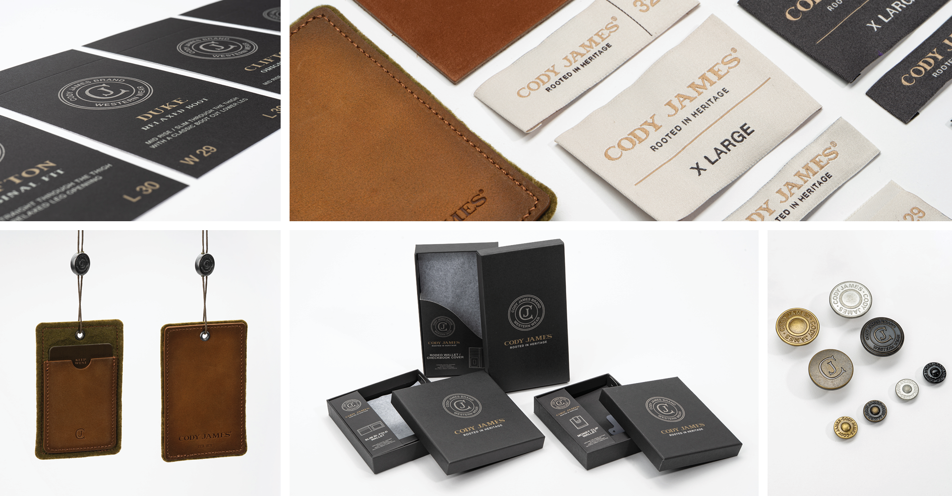 Collection of Cody James leather accessories and branded packaging, including leather tags, belt tags, tags with keychain holes, and various metal buttons or snaps in silver, gold, and black colors.