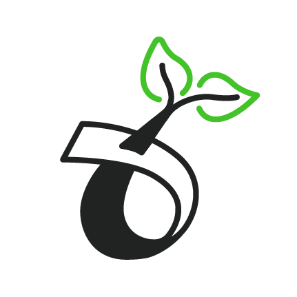 A logo featuring a black stylized plant with two green leaves and a curved stem.