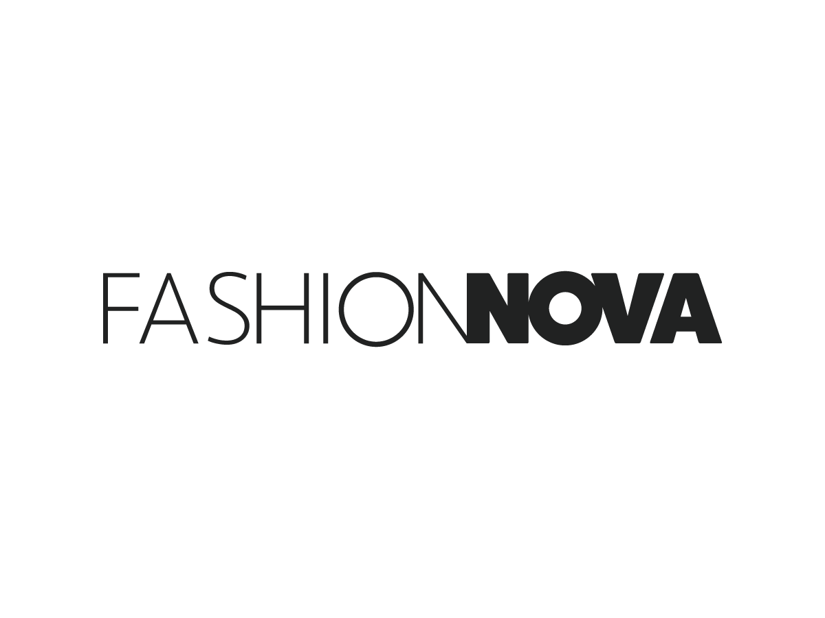 Fashion Nova logo with stylized black dress graphic above the brand name