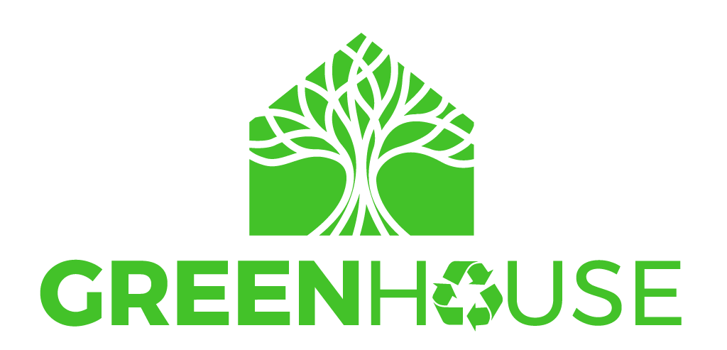 Logo of a greenhouse company featuring a green house outline and a stylized tree inside, with the word 'GREENHOUSE' below, incorporating a recycling symbol for the letter 'O'.