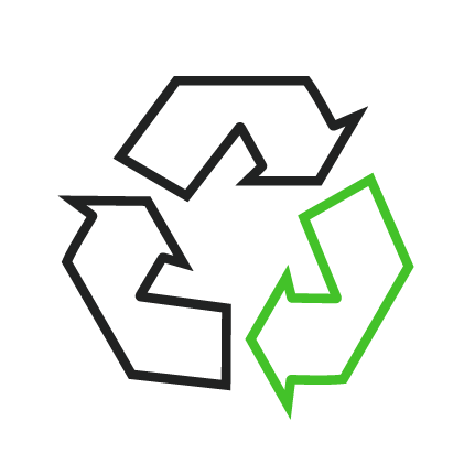 A recycling symbol with three arrows, two black and one green, forming a triangle.