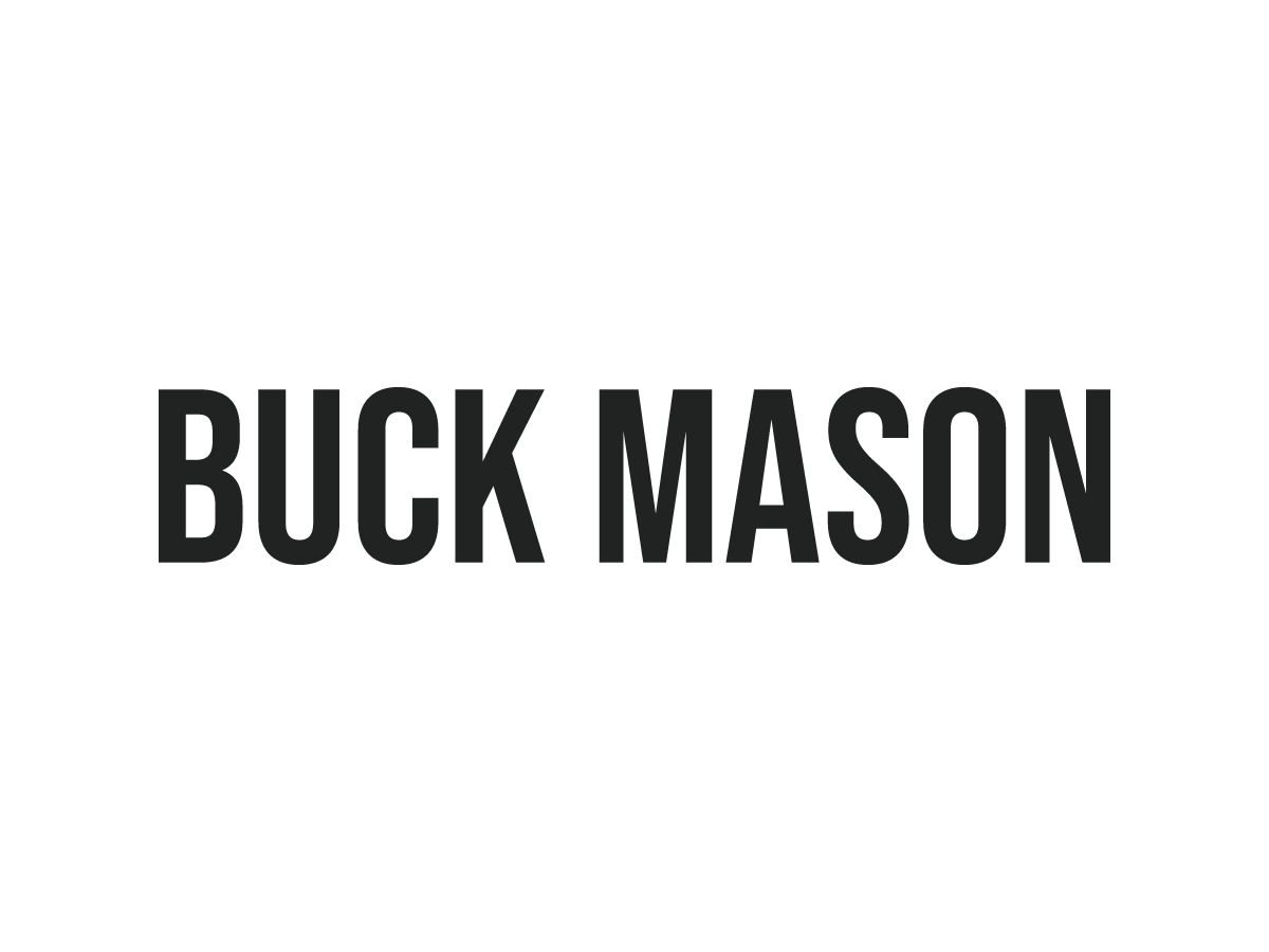 Black logo with the text "BUCK MASON" in capital letters.