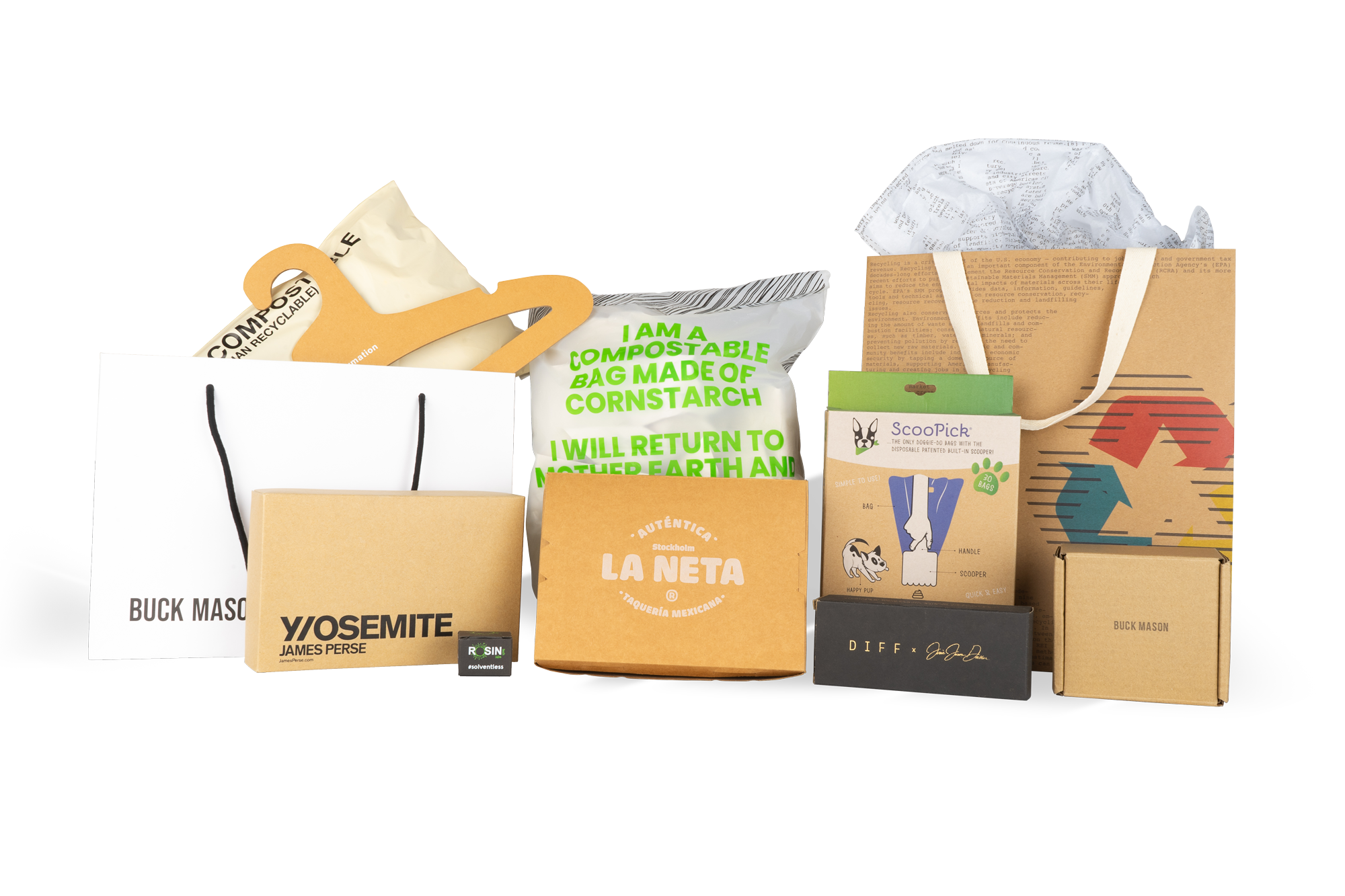 Arrangement of sustainable and eco-friendly product packaging, including compostable bags, cardboard boxes, and paper bags, on a black background.