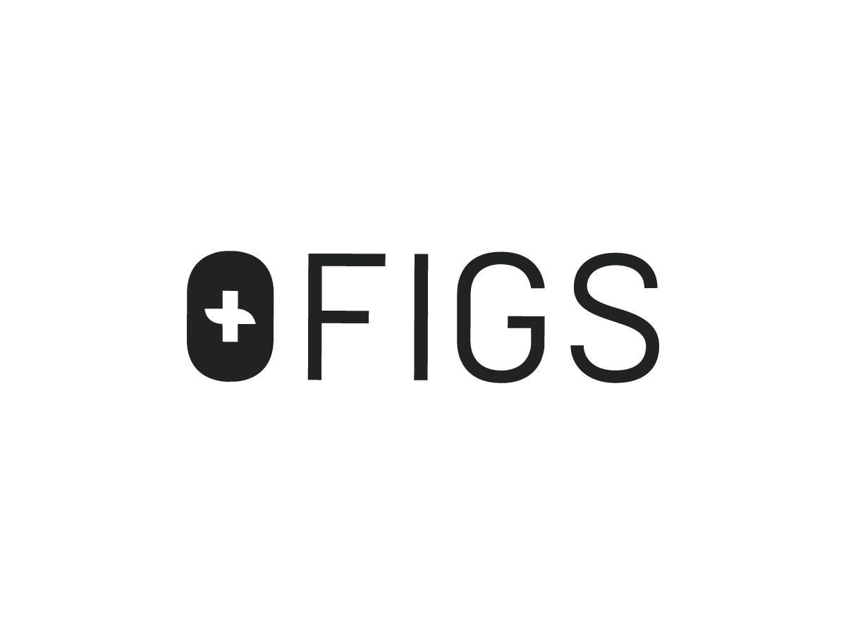 Black logo with the phrase '+Figs' in white and gray text, featuring a stylized figure plus sign.