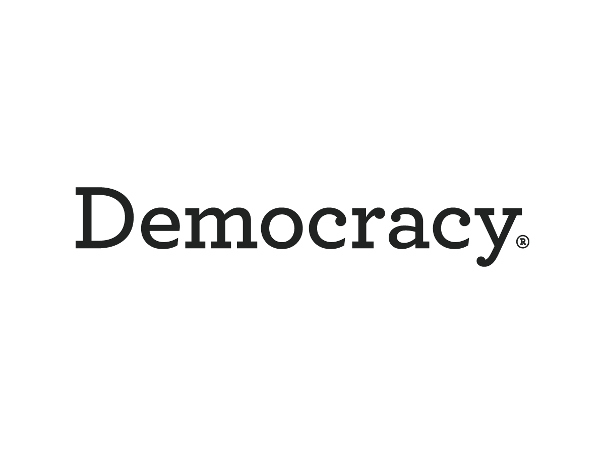 Black background with the word 'Democracy' in large, bold text centered.