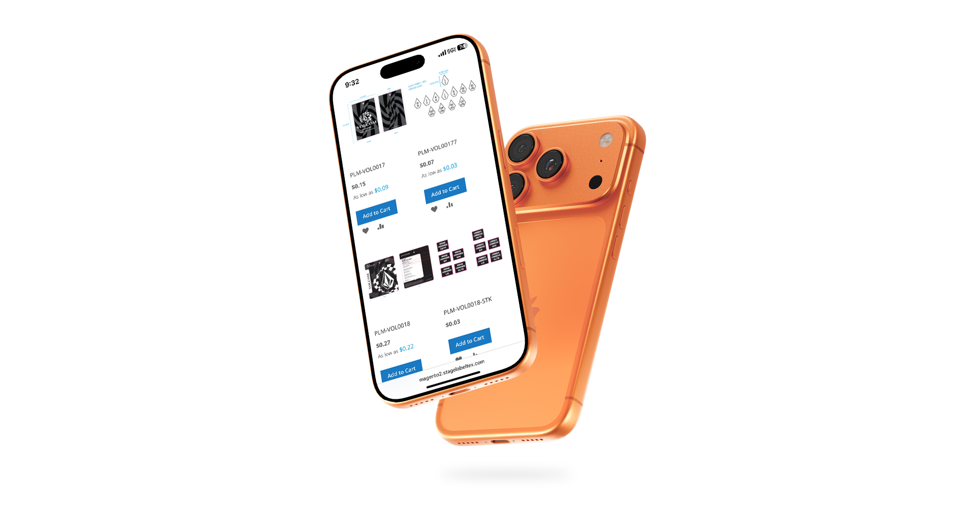 An orange smartphone displaying an online shopping webpage with products and price options, resting on a plain white background.