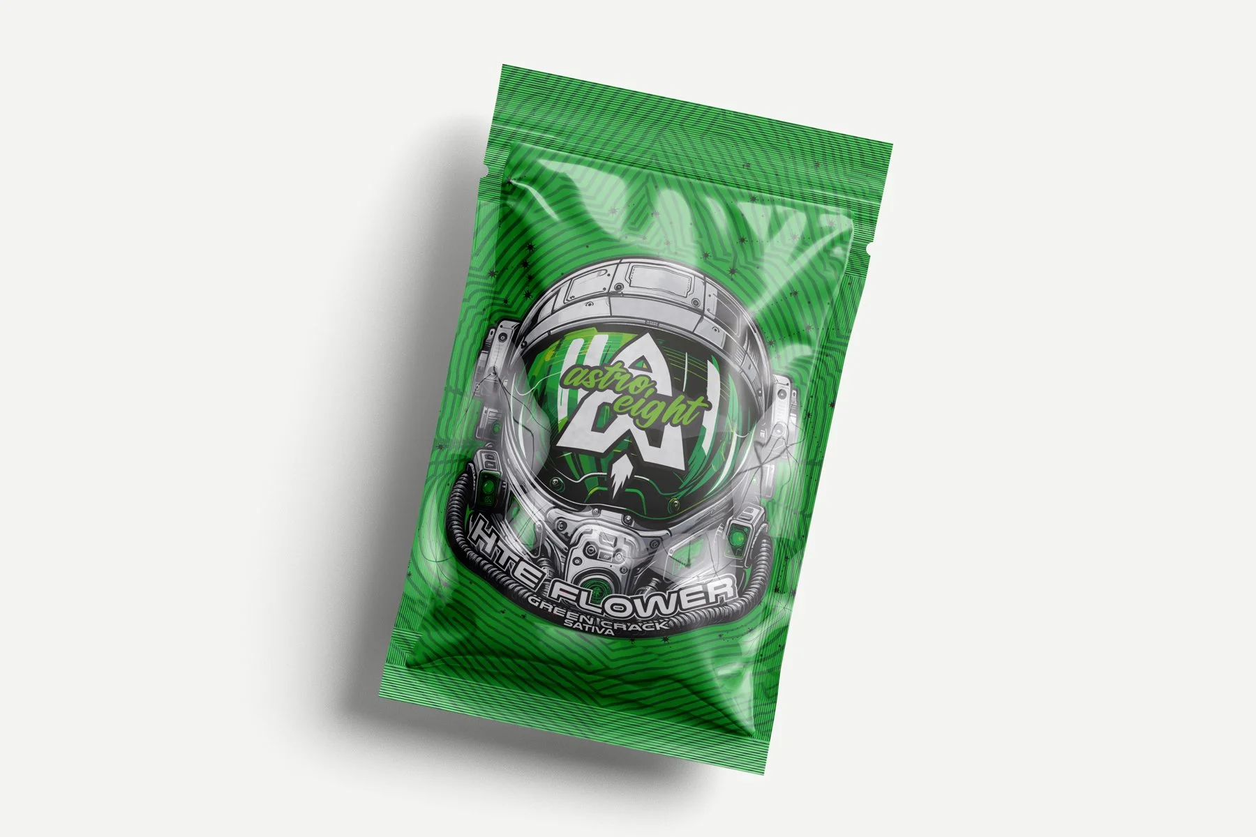 Green cannabis packaging with astronaut helmet graphic and 'Astro Eight' branding, labeled 'High Flower' and 'Sativa'.