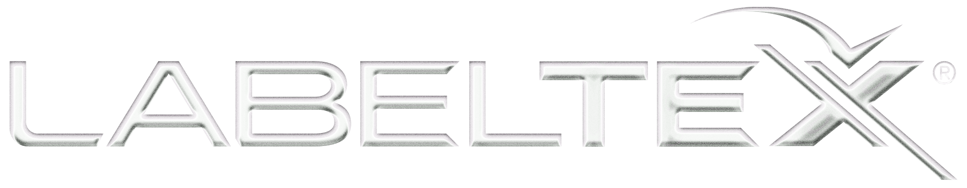 The Logo for Labeltex in metallic silver font with a check mark integrated into the letter X.