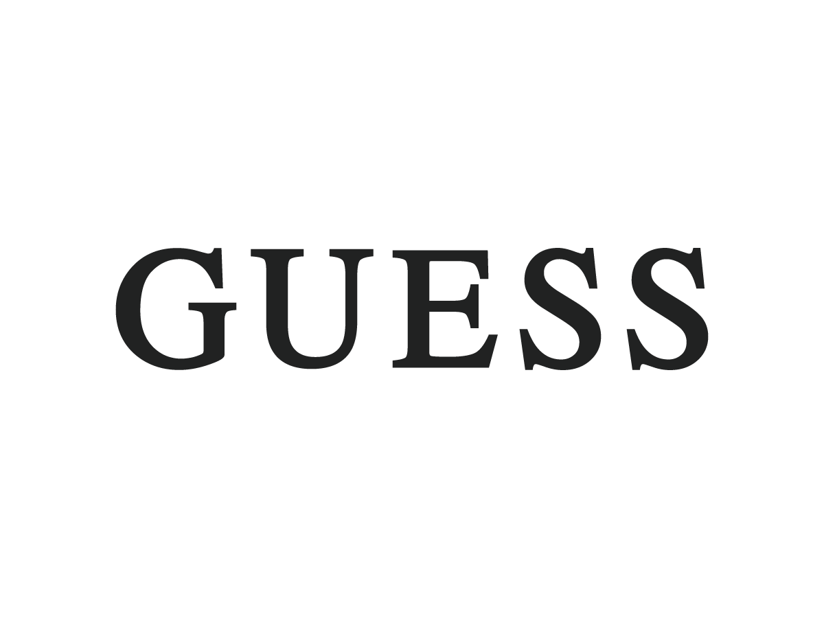 Guess the logo with black background, silhouette of a head with a question mark inside, and the word 'GUESS' in large letters.