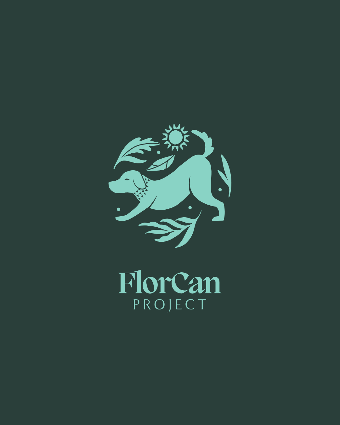Logo for the FlorCan Project featuring a stylized dog surrounded by leaves, a sun, and small decorative elements.