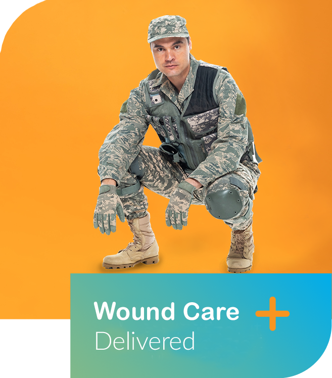 A soldier in camouflage uniform and tan boots squatting against an orange background with a blue-green banner that reads 'Wound Care Delivered' and a plus symbol.
