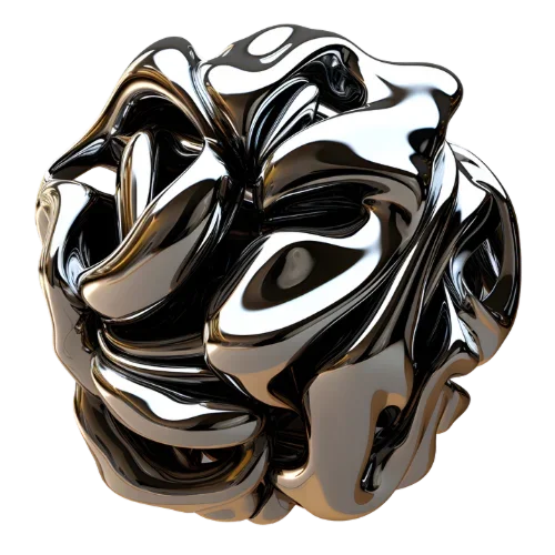 A metallic, reflective, abstract sculpture resembling a crumpled or twisted ball.